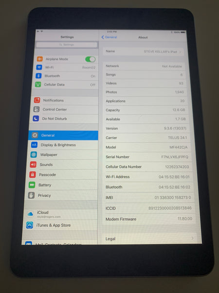 Apple iPad mini Wi-Fi/TELUS/GPS - 1st Gen 7.9in 16GB Space Gray
